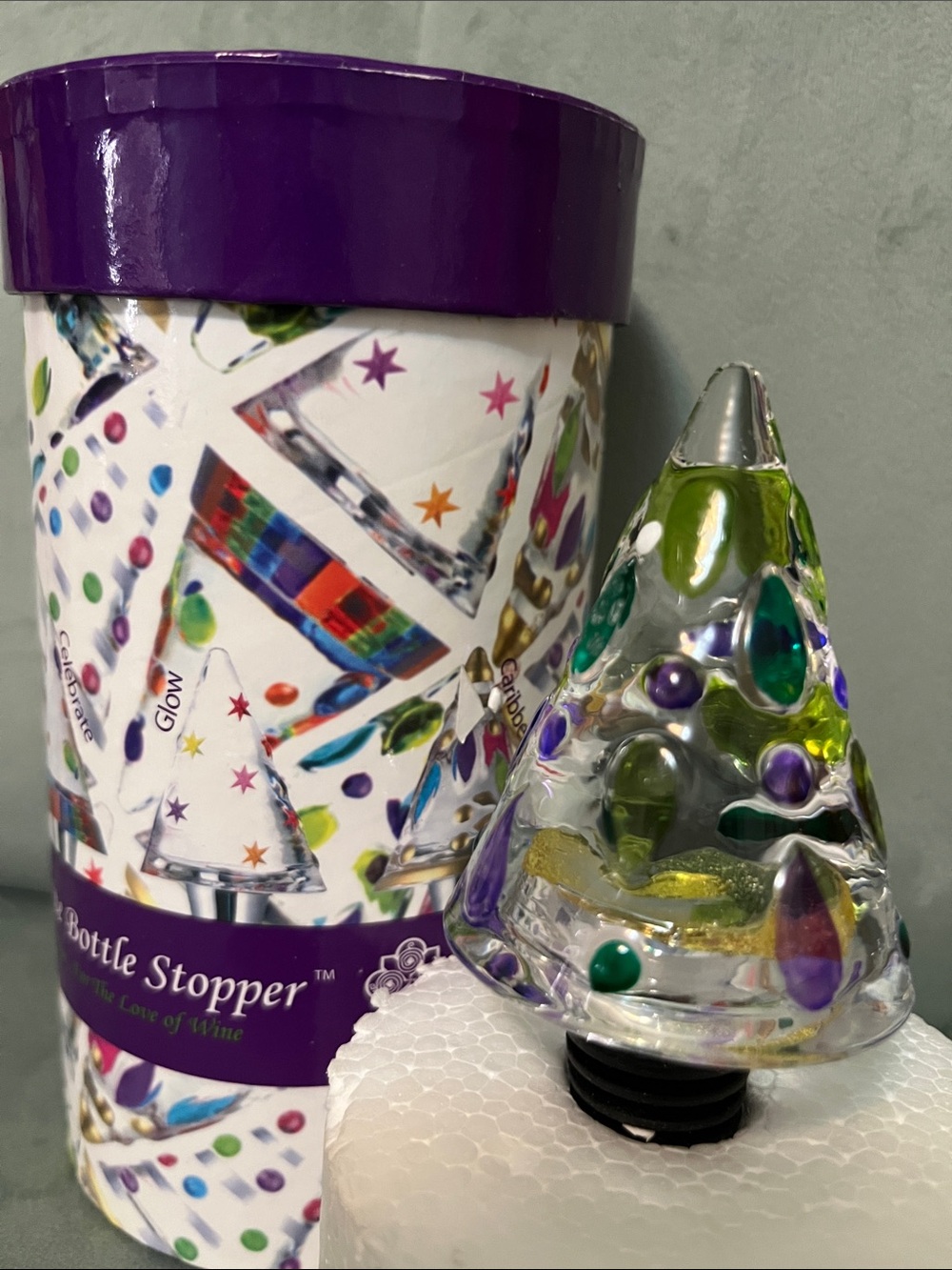 Helen James Collection Glass Tree Wine Bottle Stopper - Purple & Green NEW